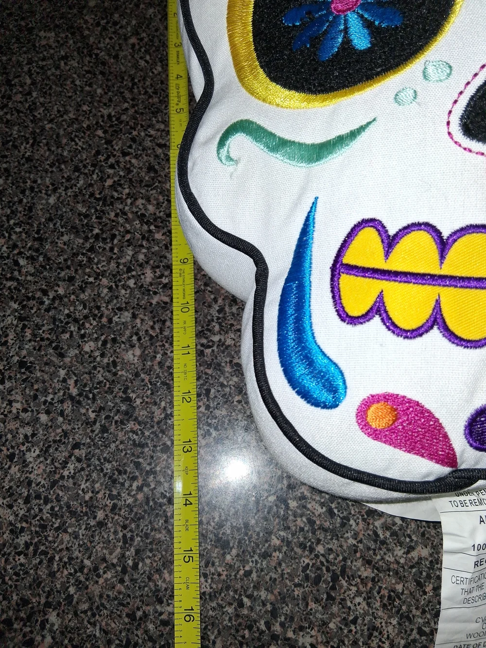 Embroidered Sugar Skull Pillow - White with Yellow, Blue & Black Accents